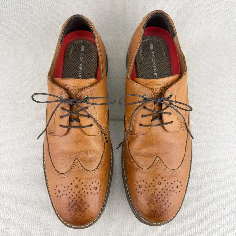 Rockport Essential Details Wingtip Oxford Tan Leather Mens Shoes V81649 Size 9 M